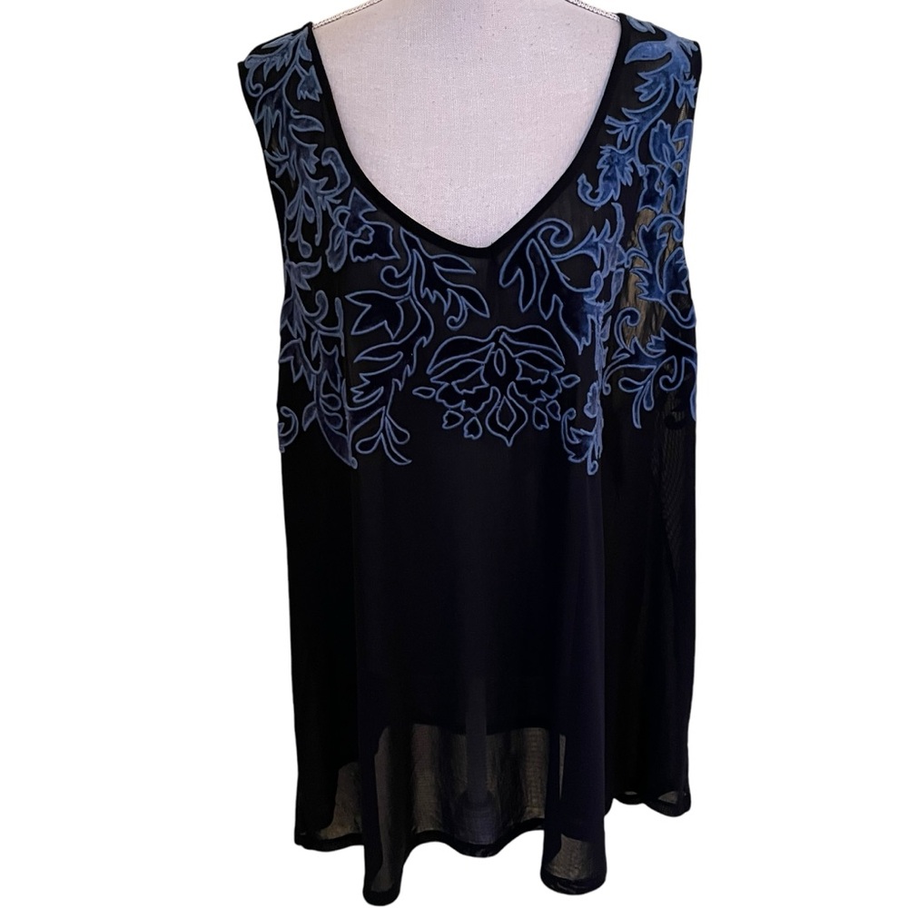 Torrid Black Mesh Sleeveless Top with Blue Embroidery 3X